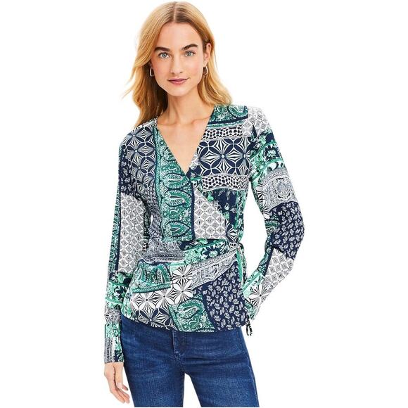 LOFT Patchwork Wrap Blouse Long Sleeve Blue & Green Med - Picture 1 of 12